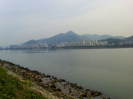 The Nakdonggang River with a view of part of Busan, as seen from Eulsukdo Island.