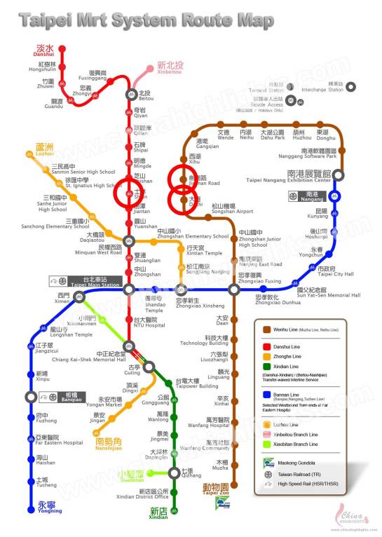 MRT Map to the National Palace Museum.  Each station mentioned above is circled in red.